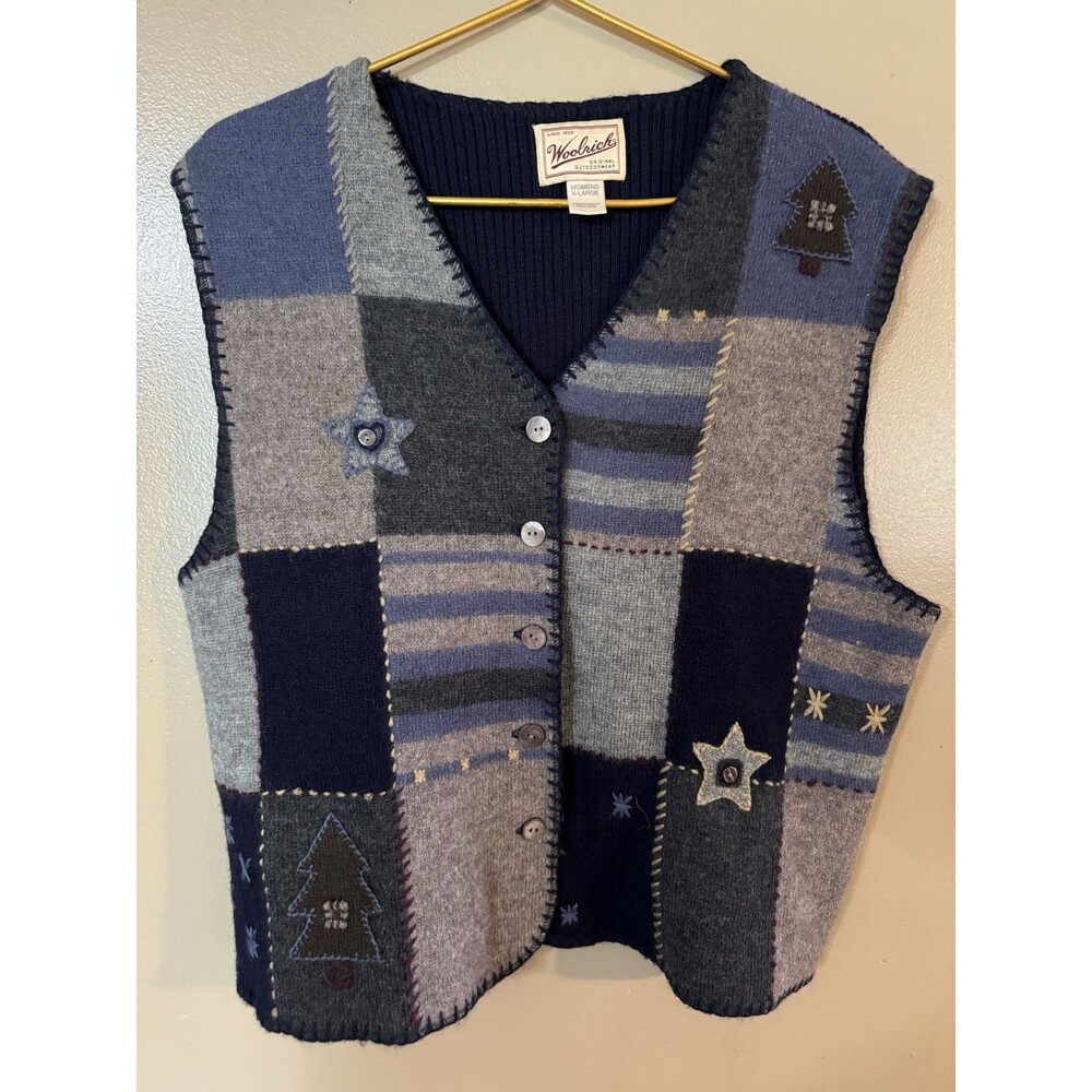 VTG Woolrich Sweater Vest Women XL Navy Wool Patchwork 90s Cabincore Grandmacore